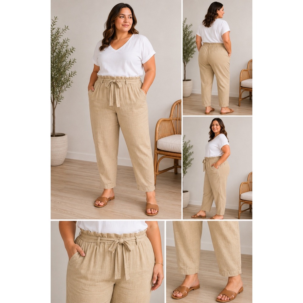 Calvin Klein Pants Womens 20W Beige Linen Blend Tie Waist Tapered Ankle Casual